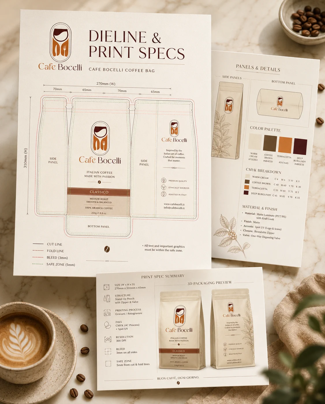 Packaging dieline, color palette, and print specifications for production